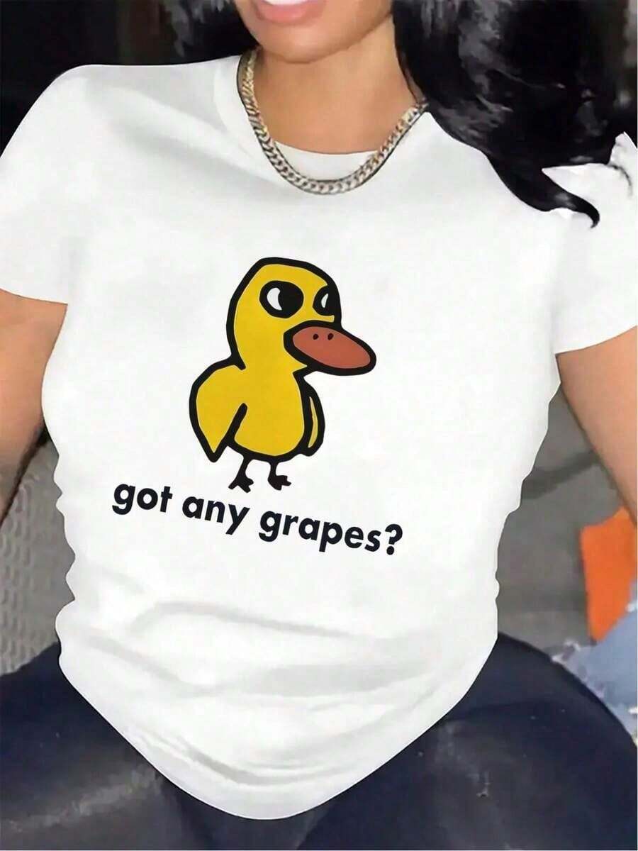 Women's Short-Sleeved T-Shirt. A Black T-Shirt With The Phrase 'Do You Have Grapes?' Perfect Design For Casual Dinners. It's Made Of A Soft And Durable Fabric That Ensures Comfort For Everyday Wear. Its Lightweight Construction Includes A Yellow Duck Graphic On The Front And Is Ideal For Women's Summer Outfits. - 白色 - 查看 1