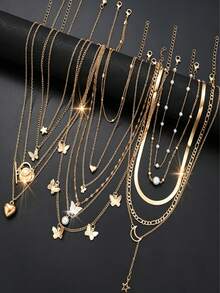Random 6/12pcs Vintage Heart Butterfly Star Moon Faux Pearl Pendant Necklace Set For Women, Dating, Party, Vacation Gift - Yellow Gold - View 5