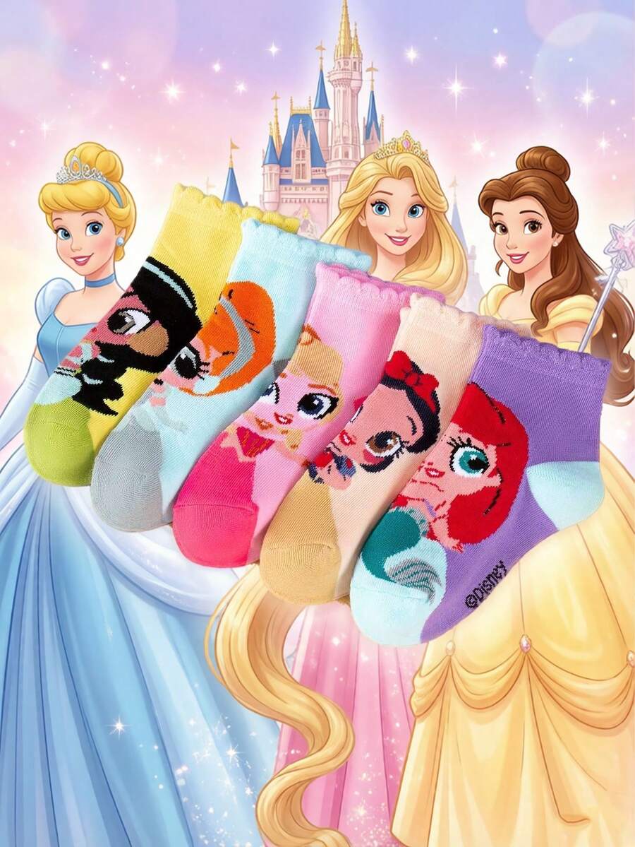 Disney 1/5雙女童春夏季公主美人魚圖案中筒襪，韓系卡通風格，女童短襪，男童短襪，兒童短襪，日常穿著/派對禮物/復活節/春季/夏季/薄款，甜美可愛，卡通圖案，時尚休閒透氣學生襪，適合日常穿著，返校季節，節日禮物