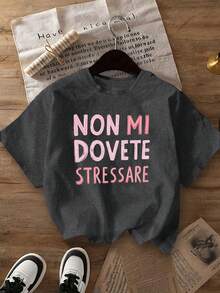 女款圓領短袖T恤 - 黑色，印有大膽義大利語短句「Non Mi Dovete Stressare」，春夏休閒穿著 - 深灰色 - 查看 3