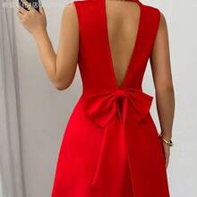 Fengyu Women's Clothing Store Nuevo vestido mini de mujer con diseño de lazo, de cuello de solapa, doble botonadura, escote en V profundo, sin mangas, ajustado, versátil para fiesta, cita, joven, elegante, pequeña y sexy - Rosa Fucsia - Ver 3