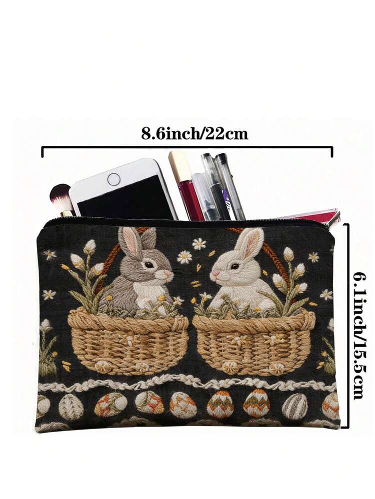 1 túi đựng mỹ phẩm in thêu giả hình giỏ thỏ Phục sinh, túi trang điểm khóa kéo họa tiết hoa & trứng cổ điển màu đen, túi lưu trữ polyester nhẹ cho nữ, túi đựng đồ vệ sinh cá nhân di động cho du lịch & sử dụng hàng ngày, quà tặng lễ hội dễ thương cho bé gái - Nhiều màu - Xem 4