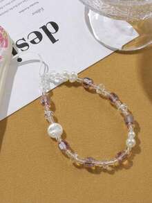 Pink Multi-Bead Crystal Pearl Phone Lanyard, Crystal Shell Phone Strap, Anti-Lost Wrist Strap, Universal For Camera And Phone, Spring Gift - Pink - View 4