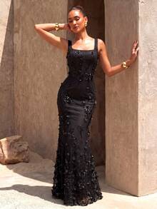 UNITHORSE Women's Square Neck Backless Tie-Waist Sequin Beaded Bodycon Dress, Evening Gown - Black - View 4