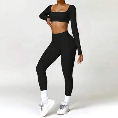 Conjunto Deportivo de Yoga de 2 Piezas para Mujer, Secado Rápido, Conjunto de Gimnasio, Chándal para Mujer, Camiseta Deportiva de Manga Larga para Correr, Ropa de Yoga