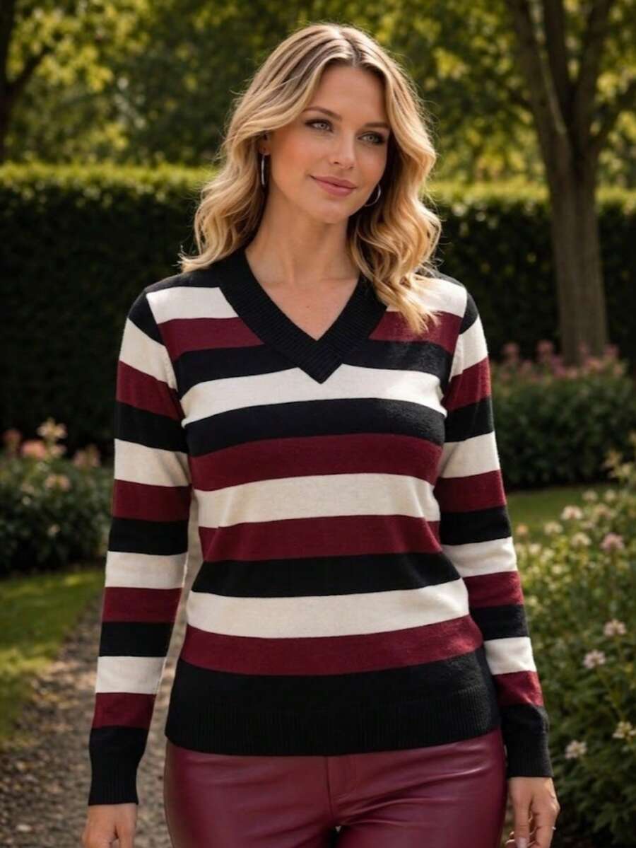 Women's Striped Sweater Top | Women's Long Sleeve Striped Top | Striped V-Neck Top - 黑瑪薩拉 - 查看 1