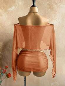 Nuevo conjunto sexy de fiesta con parte superior suelta asimétrica de hombro con lentejuelas doradas transparentes y falda mini fruncida de cintura baja, estilo bohemio, de vacaciones, vintage, para la playa, crucero - Naranja - Ver 2