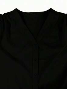Blusa de manga larga con cuello en V de unicolor para mujer, elegante y esencial para el trayecto de primavera - Negro - Ver 4