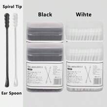 二合一棉签，一次性清洁棉签，螺旋头和耳勺设计，适用于耳部清洁、个人护理、化妆和卸妆 - 含收纳盒 - 查看 1