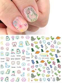 2pcs Cartoon Dinosaur Graffiti Style Nail Stickers, Cute Sun Face Stickers, Maple Leaf Nail Design Decoration DIY - Multicolor - View 1