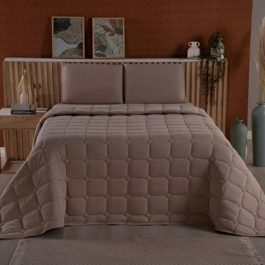 Double Bedspread Set, 100% Cotton Knit, 3 Pieces - Hazelnut - View 1