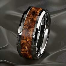 Personalized Men's Artistic Ring, Black Tungsten Band With Brown Wood Grain Pattern, Accessory - Silver - View 6