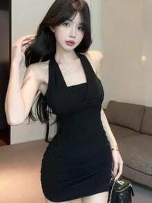 Autumn And Winter New Style Hollow String Inner Dress Women's High-End Light Luxury Sexy Pure Bucket Desire Hot Girl Hip Cover Short Skirt - Black - View 4