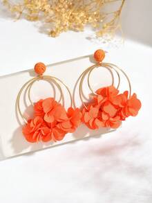 1 paire de boucles d'oreilles à fleurs en mousseline de soie orange exagérées avec franges, style élégant fait main pour les vacances d'été. Boucles d'oreilles à fleurs en faux tissu convenant pour le port quotidien, les galas, les fêtes et les festivals de musique pour femmes. - Orange - Voir 4