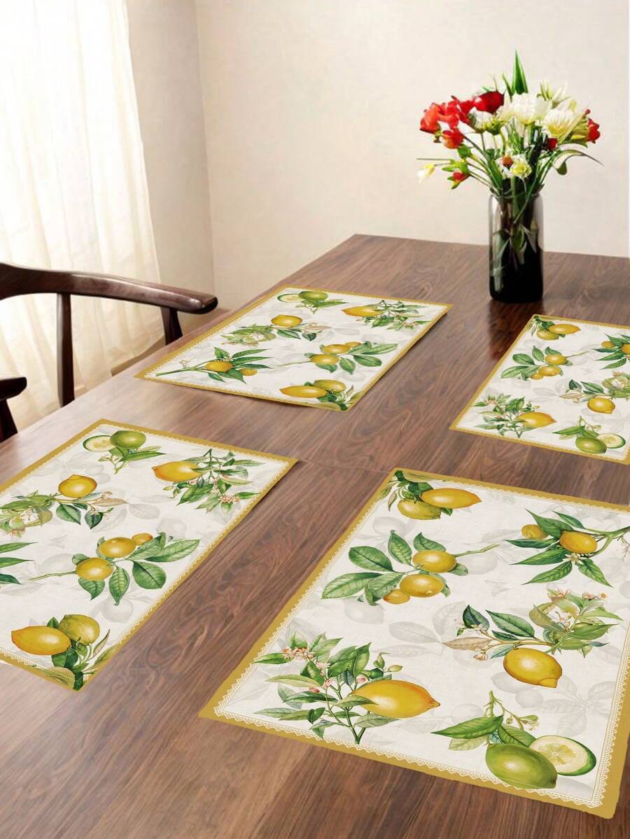 2/4/6 Pcs Lemon Print Polyester Placemats Summer And Mediterranean Style Rectangular Heat Resistant Fabric Table Mats For Kitchen Dining Room - Green - View 1