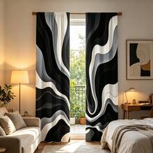 2pcs Abstract Black And White Wave Pattern Curtains, Digital Printing Technology, Thermal Insulation And Privacy Protection, Rod Pocket Design For Privacy, Fade Resistant, Machine Washable, Suitable For Bedroom, Living Room, Kitchen, Study And Other Home Decor, Decorative Curtains - Multicolor - View 2