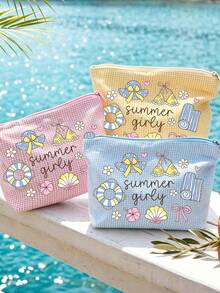 Summer Pattern Plaid Makeup Bag/Toiletry Bag - Multifunctional Portable Storage Bag With Swim Ring, Shell, Bow Tie Patterns, Suitable For Skincare, Cosmetics And Travel Supplies; Essential Item For Summer Beach Vacation And Daily Use, Back To School Season Must-Have. - Multicolor - View 1