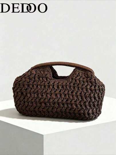 Dedoo 2026 Nueva Bolsa de Mano de Fibra Natural, Bolso de Playa de Verano Tejido a Mano de Paja de Hierba, Bolso de Paja