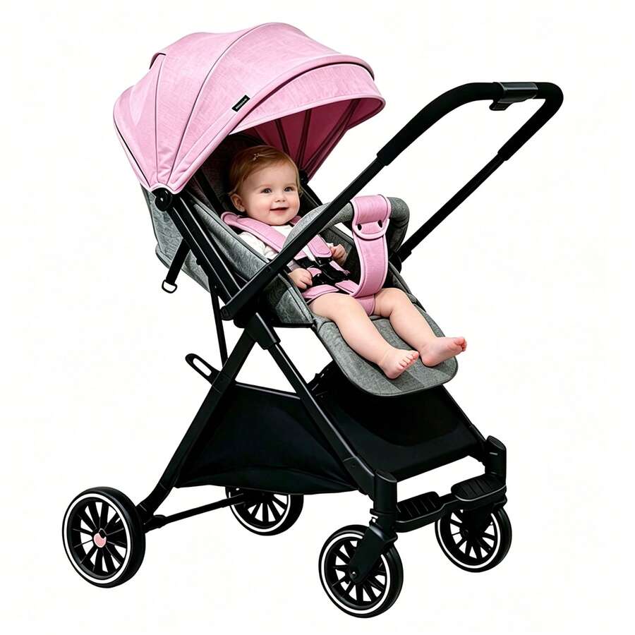 Carriola para Bebé Reversible y Plegable, Carriola de Paseo Ligera con Asiento Ajustable de Dos Vías, Cochecito Portátil de Viaje - Rosa - Ver 1