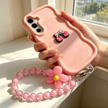 2026 Latest 1 Piece DIY Bow Cherry Macaron Mobile Phone Case With Flower Lanyard, Suitable For Xiaomi/ Galaxy Phones - Pink - View 6