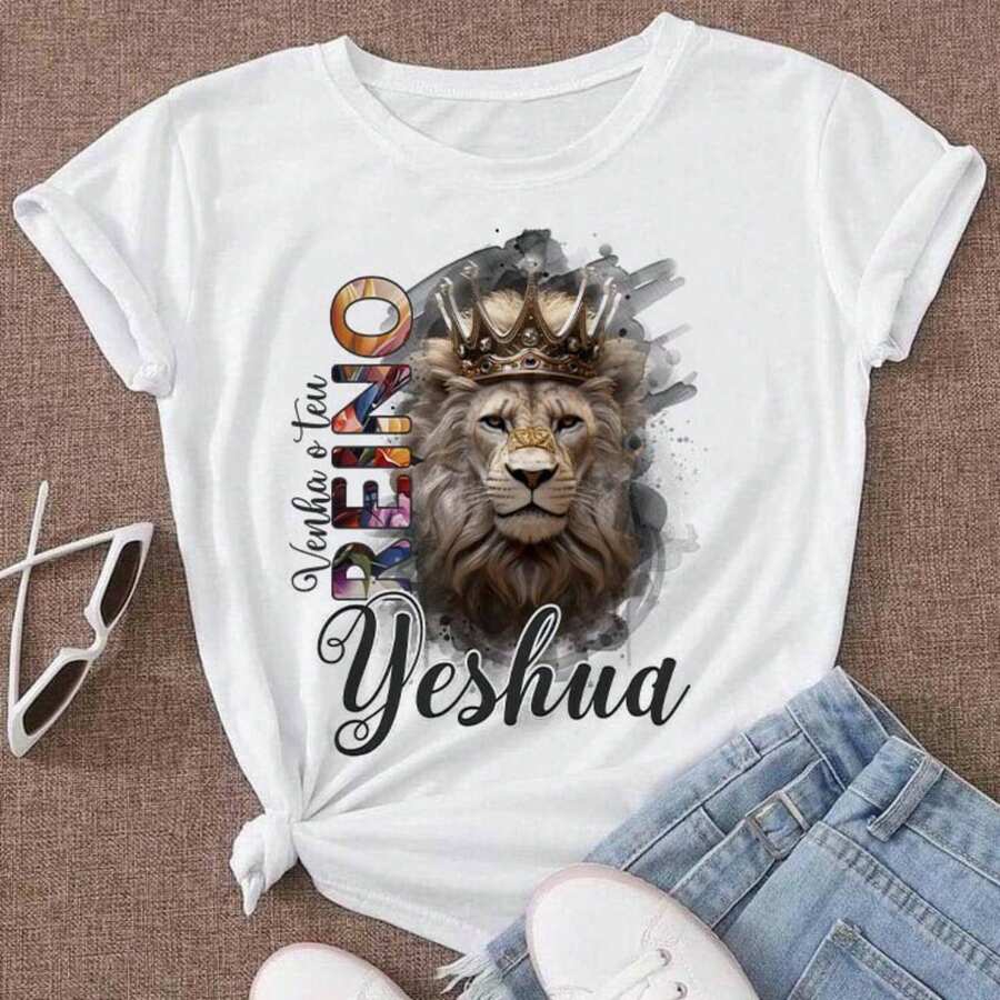 Unisex Short Sleeve Blouse, Plus Size, Neutral, 100% Cotton, Lion Print, Casual, Round Neck, Available In Brazil, 24h Shipping, Colors: Black And White - J2F - 查看 1