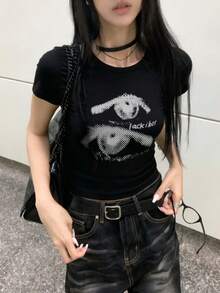 女款圓領短袖T恤，夏季新款眼睛圖案與字母印花，時尚休閒百搭修身短版上衣 - 黑色 - 查看 9