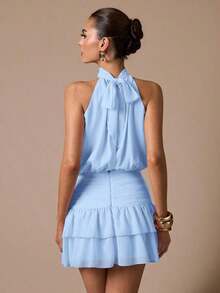 2026 Nuevo Vestido corto sin mangas con volantes en el bajo, de unicolor. adecuado para citas románticas, fiestas, reuniones formales, vestidos de dama de honor, vestidos de verano - Celeste - Ver 2