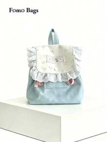 Back To School Cute Floral Cat Print Canvas Backpack, Fresh Indie Design, Suitable For Female College Students - Baby Blue - View 1