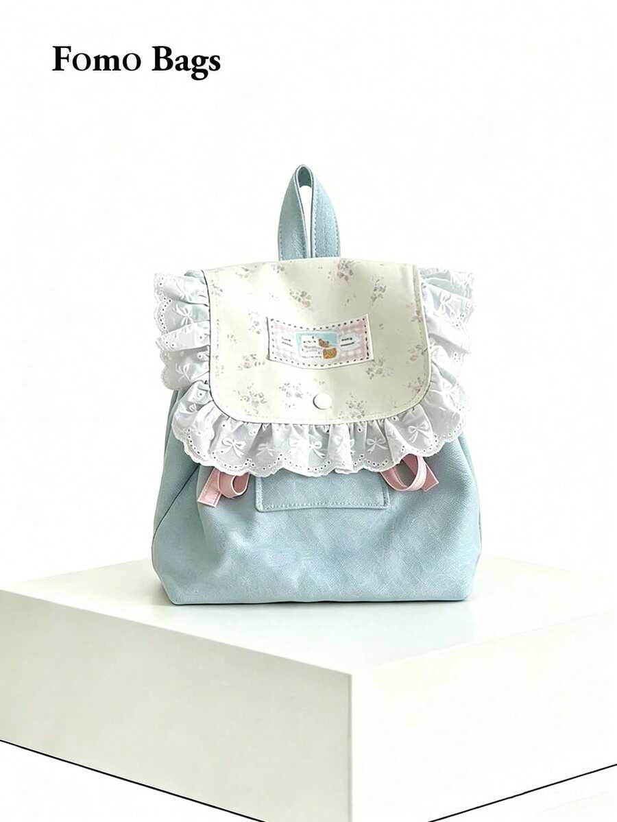 Back To School Cute Floral Cat Print Canvas Backpack, Fresh Indie Design, Suitable For Female College Students - Baby Blue - View 1
