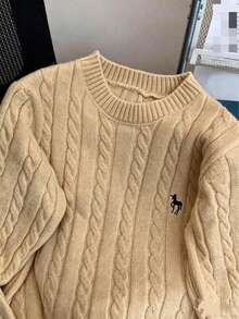 秋冬刺繡圓領麻花針織毛衣，女款寬鬆版型針織開襟外套 - 淺卡其 - 查看 4