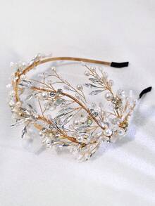 1pc Romantic Exquisite Rhinestone Decorated Resin Flower Embellished Headband Wedding Accessory Celebration Party Women's Dress Up - Gold - View 8