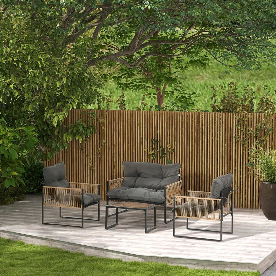 Outsunny 4-Piece Rattan Garden Set With Cushions, Including A Garden Lounge Set, A Glass Coffee Table, Two Armchairs And A Two-Seater Sofa. - Dark Grey - View 1