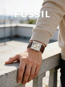 Fossil 奢华品牌男士石英表，复古长方形坦克表壳，银色方形表盘，棕色皮表带，罗马数字时标，复古风格腕表，男士经典礼物，生日、父亲节、周年纪念日、商务、办公、毕业典礼等场合的理想之选。 - 棕色 - 查看 1