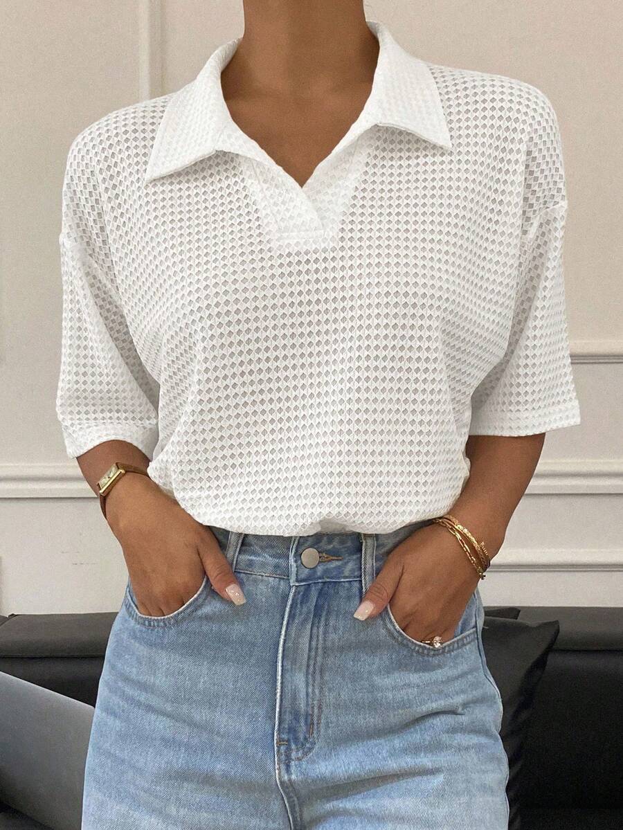 Camiseta de mujer de manga corta, cuello polo, holgada y con textura, de unicolor básico de verano - Blanco - Ver 1