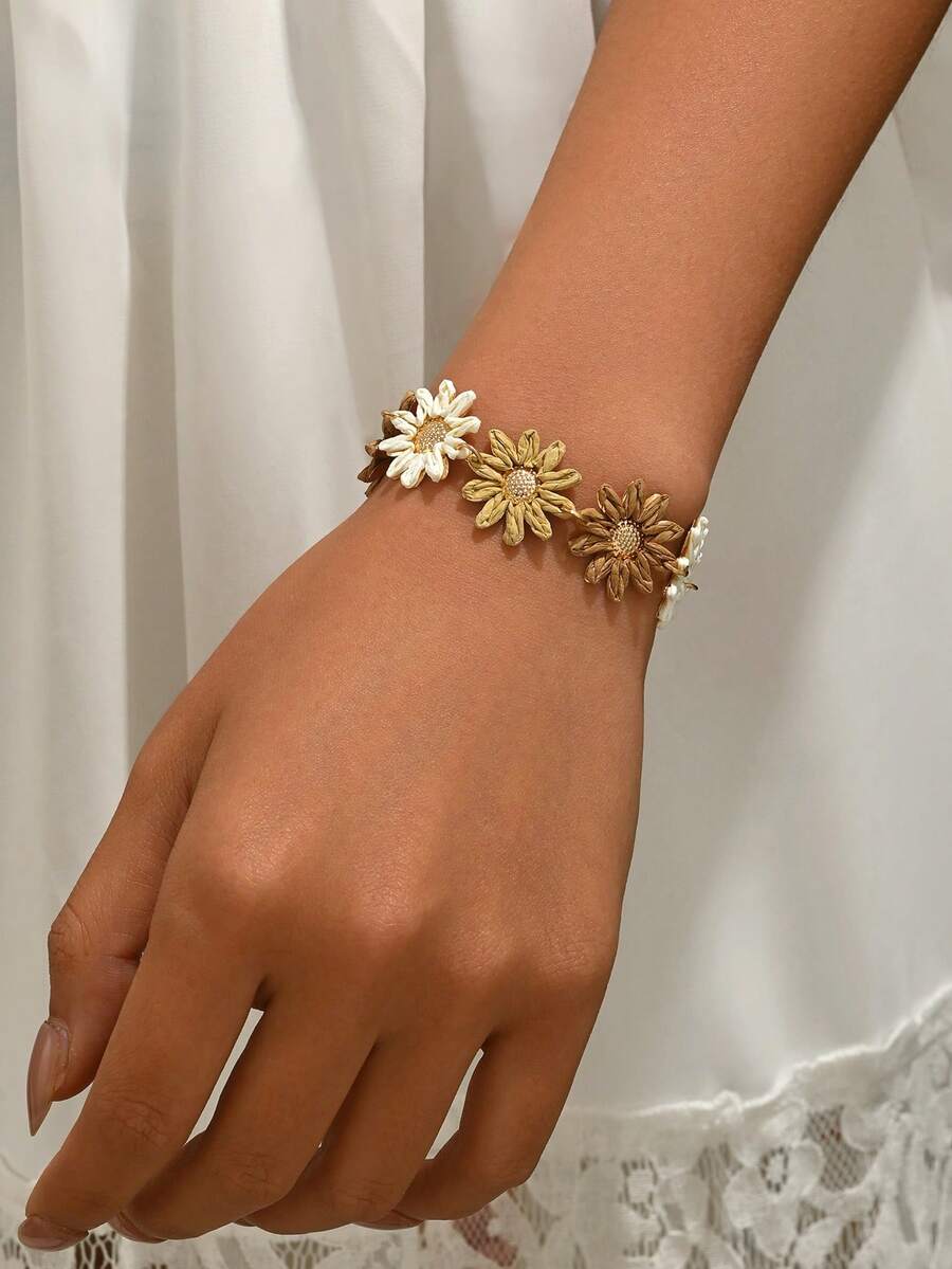 1 buah Gelang Gaya Liburan Bohemian Pantai Laut Anyaman Rafia Buatan Tangan Warna Kopi Campuran Bunga Daisy, Gelang Anyaman Rafia Buatan Tangan Sederhana, Segar, Manis, Elegan dengan Motif Bunga Matahari 3D, Cocok untuk Pemakaian Sehari-hari, Liburan, dan Pesta Wanita (Metode Anyaman Rafia Buatan Tangan Acak) - Warna kopi campuran - View 1