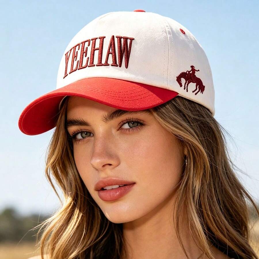 Women's Western YEEHAW Embroidered Baseball Cap, Two-Tone Red & White Cowboy Adjustable Hat, Lightweight Curved Brim Cap For Spring Summer Fall - 棒球帽 - 查看 1