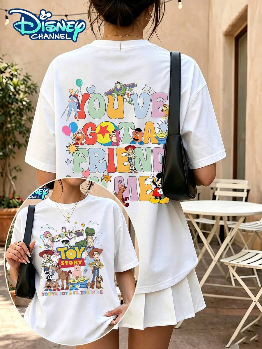 This Disney Channel Official Toy Story Women's T-Shirt Features A Double-Print Design On The Front And Back. The Front Displays All The Toy Story Characters, Along With Cloud And Star Decorations And The "TOY STORY" Logo. The Back Features "YOU'VE GOT A FRIEND IN ME" In Macaron-Colored Lettering, With Character Elements Next To Each Letter. It's Vibrant And Perfect For Outings With Friends Or Matching Outfits With Family. Made Of Breathable And Skin-Friendly Cotton, It's Comfortable And Sweat-Free, Suitable For All Ages And Body Types. Students And Working Professionals Can Easily Wear It, Making It A Must-Have T-Shirt For Toy Story Fans. - 白色 - 查看 1