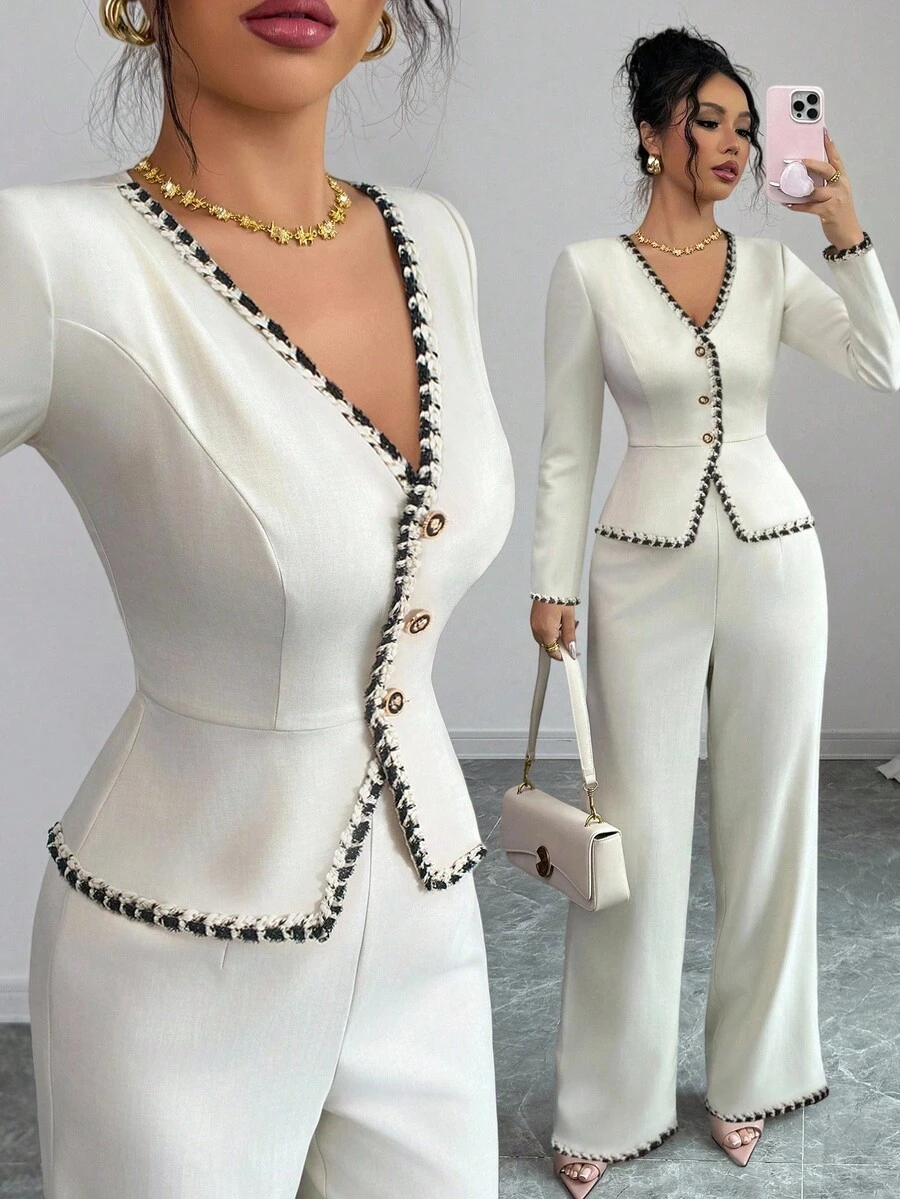 xheElenzga Conjunto de dos piezas de blazer de punto con cuello en V elegante, decoración de botones y mangas largas, con ribete de contraste, adecuado para ir a la oficina, fiestas, eventos festivos como Navidad, Halloween, para una oficina casual con estilo, citasxhe - Blanco - Ver 1