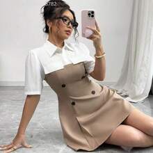 Fengyu Women's Clothing Store  Vestido-camisa casual de manga corta para mujer en 2 colores contrastantes - Rosa vieja - Ver 8