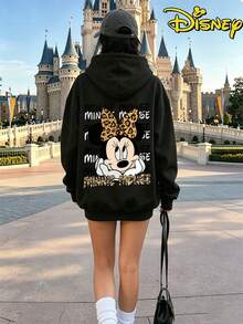 Disney Minnie Mouse Leopard Print Bow Hoodie, Women's Casual Long Sleeve Drawstring Hooded Sweatshirt - 黑色 - 查看 6
