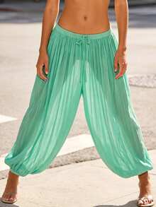 Womens Lantern Pants Casual Loose Fit Stylish Solid Color Drawstring Mid Rise Trousers - Light Green - View 1