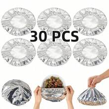 30/50-Pack Reusable Aluminum Foil Food Covers With Adjustable Elastic Edges; Washable; Suitable For Use In The Freezer And On The Dining Table - 30pcs - View 4