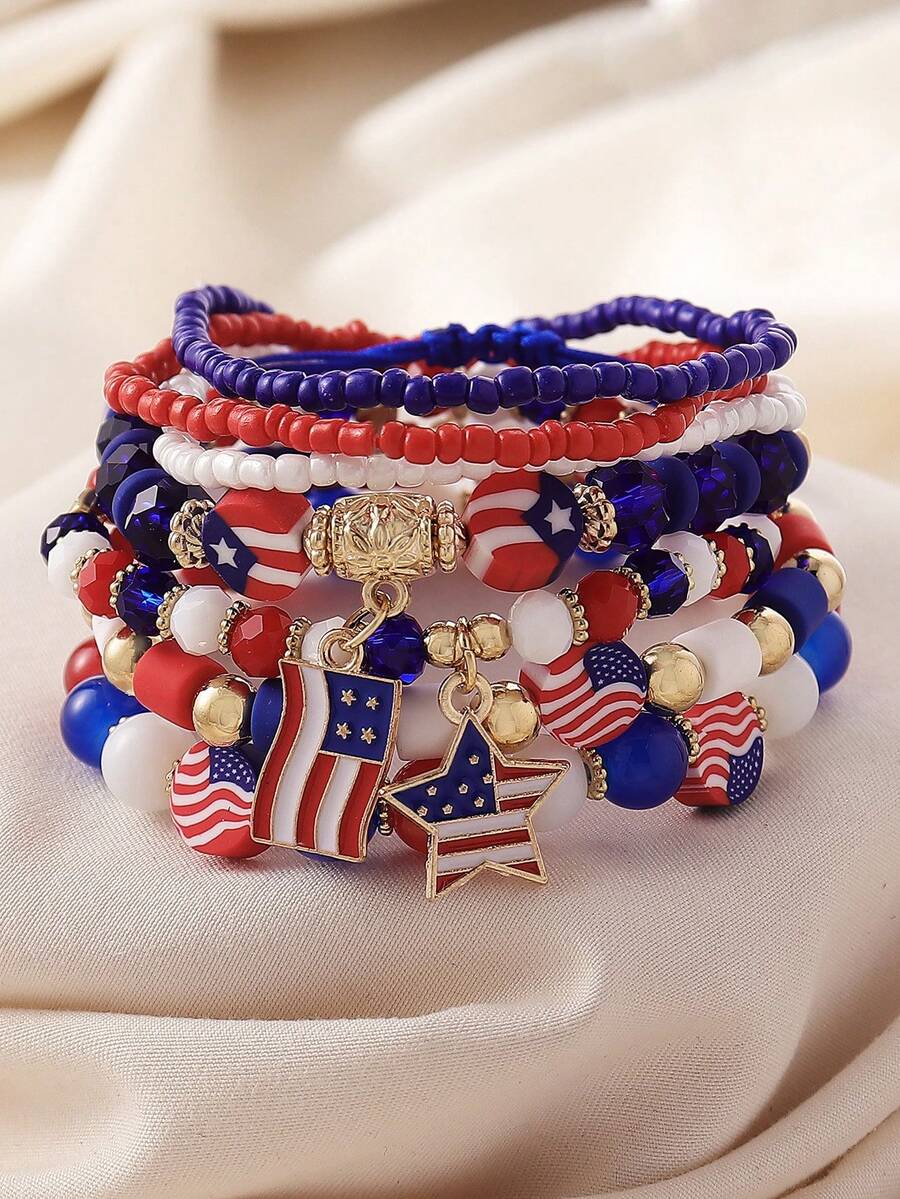 7pcs/Set American Independence Day Flag Color Star Pendant Beaded Multi-Layer Bracelet, Suitable For Women Daily Casual Holiday Memorial Party Wear, Gift For Her - Multicolor - View 1