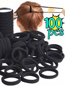 300/200/100/10pcs Black High Elasticity Hair Ties, High Elasticity Seamless Hair Ropes, Soft Hair Ties, Suitable For Daily Styling, Back To School, Halloween, Soft And Fluffy, College Dorm Essential, Camping Essential, Holiday Essential, Summer. - Black - View 3