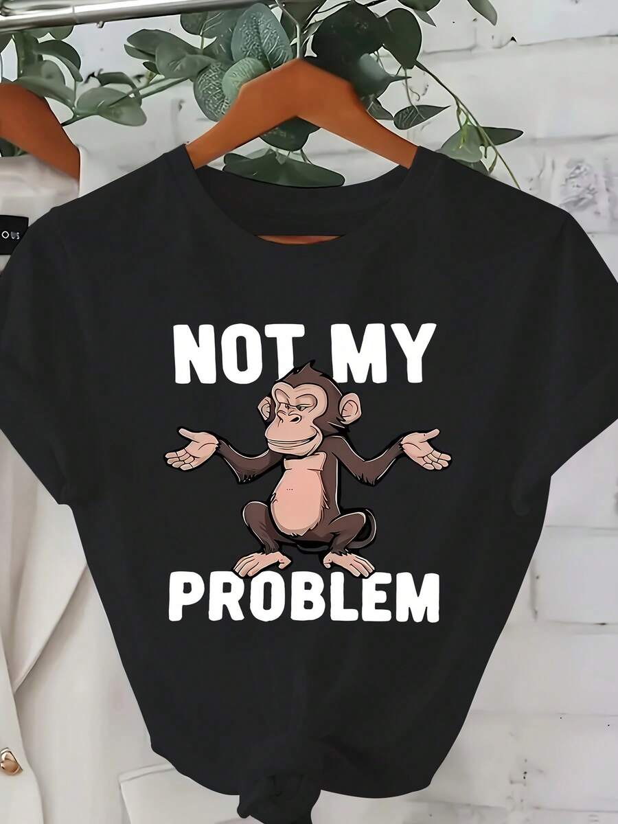 Size - Size - Casual And Elegant Printed T-Shirt, Fashionable Base Layer For Everyday Wear, Unique Design Suitable For All Seasons, Comfortable Fit, Women's T-Shirt With The Slogan "Not My Problem", Casual Round Neck - 黑色 - 查看 1