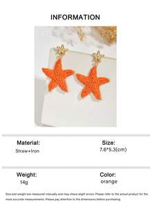 OOQ 1 Pair Summer Vacation Style Ocean Creature Starfish Pendant Handmade Raffia Women's Fashion Earrings, Beach Holiday Gift For Friends And Family (Handmade Raffia Weave, Random Direction And Shape) - Orange - View 6