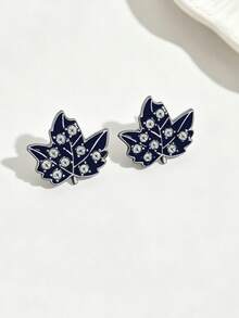 2pcs Fashionable Maple Leaf Stud Earrings, Minimalist Design With Sparkling Rhinestones, Elegant For Daily Wear - Navy Blue - View 4