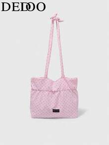 Dedoo Bolso de lona con lunares, bolso de hombro plegable de gran capacidad, adecuado para estudiantes, diseño de cordón con nubes arrugadas, estilo coreano - Rosa - Ver 10