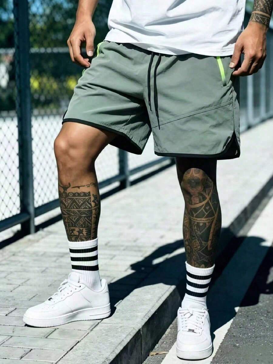 Men's Casual Summer Shorts, Solid Color Elastic Waist Drawstring Zipper Pocket Sports Pants - Army Green - View 1