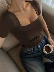 Blusa de manga corta y cuello redondo casual y elegante, adecuada para uso diario, ir al trabajo, salir, primavera/verano - Rosa - Ver 11
